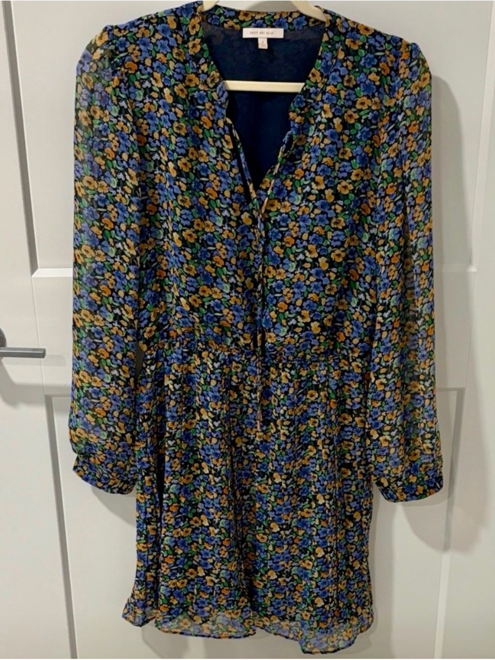 Like new! Skies Are Blue Floral Long-Sleeve Dress in Blue, Yellow & Green